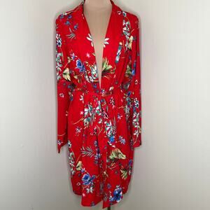 Forever 21 Belted Kimono 2X Women Plus Size Red Floral Long Sleeve Robe Vacation